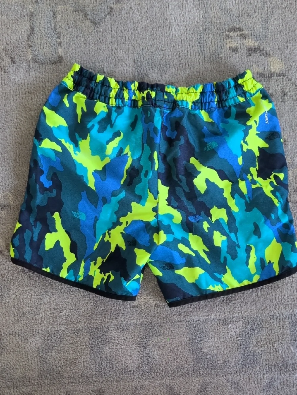 The North Face Blue and Neon Green Camo Athletic Shorts